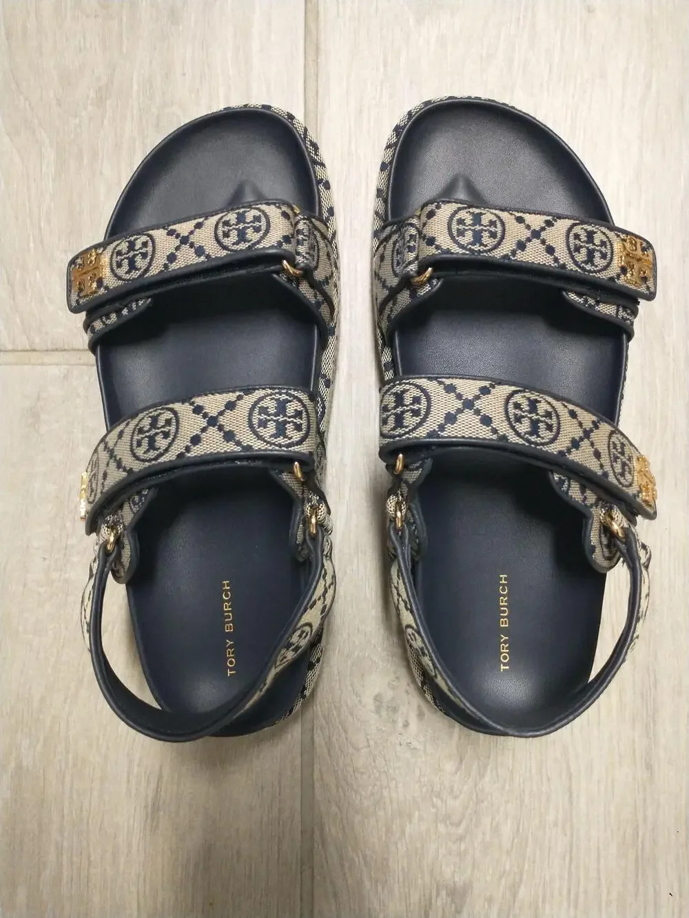 Tory Burch T Monogram Kira Sport Sandals Womens 10 Blue Jacquard Leather